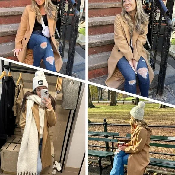 Women's Winter Wool Coat Mid-Long Notch Lapel Single Breasted Peacoat Casual Tre